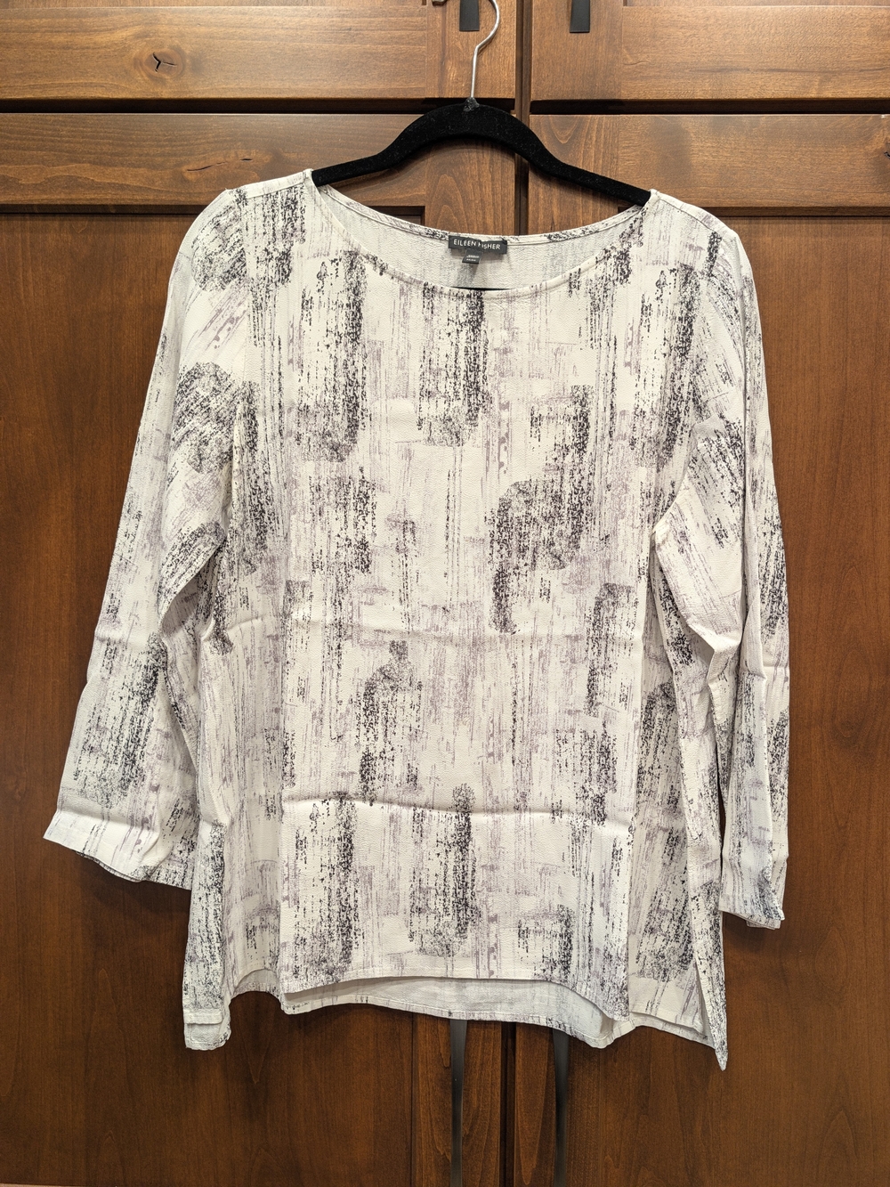 Eileen Fisher White Gray Abstract Woven Round Neck 3/4 Sleeve Top Women's Medium